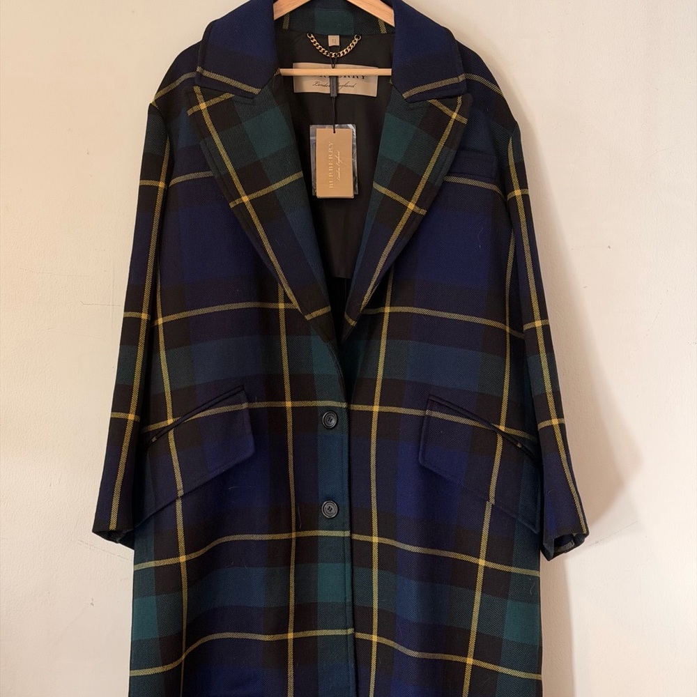 Burberry Wool Coat in Blue and Green Tartan